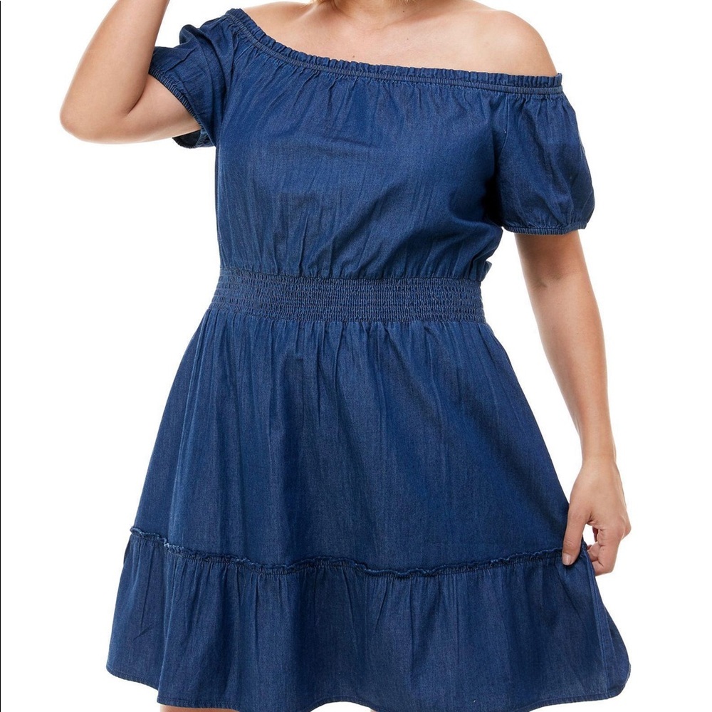 ROSIE HARLOW Womens Navy Denim Ruffled Off Shoulder Short Fit + Flare Dress